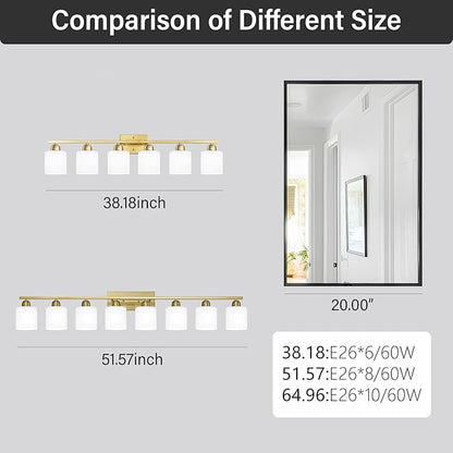 6 Light Gold Bathroom Vanity Light for Large Mirror, Gold Vanity Lights for Bathroom with Milky White Frosted Glass Shades, 38 inch Wall Lamp for Mirrors Living Room E26 Base