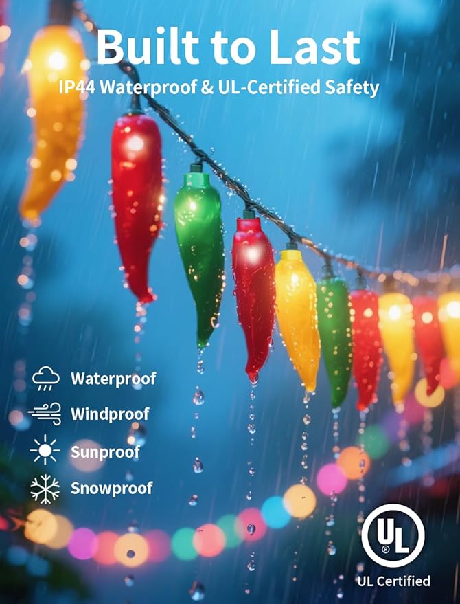13.6FT Christmas Chili Pepper Outdoor String Lights, 35 LED Warm White Waterproof Fairy Lights with 2 Spare Bulbs, Shatterproof Decorative Lighting for Summer Camping Patio Pool Garden Yard Xmas Tree