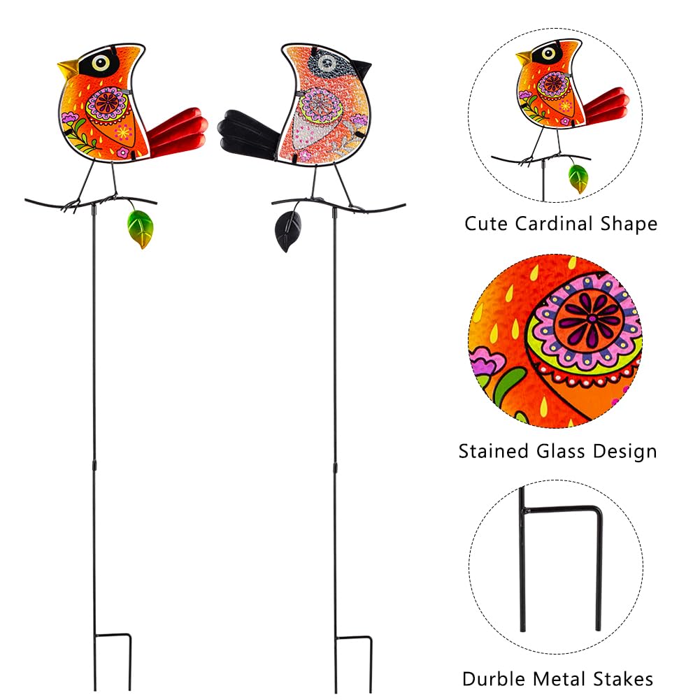 SATHGA Decorative Garden Stakes,Set of 3 Cardinal Stained Glass Metal Yard Art,Waterproof Outdoor Decor Housewarming Present for Women Mom Grandma