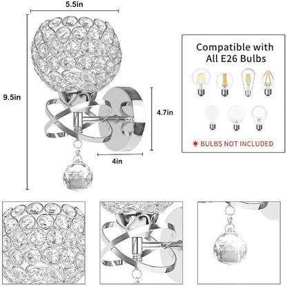 TISLYCO Silver Crystal Sconces - Modern Wall Lighting with Hanging Crystal Ball, Wall Mount Lamp for Bedroom, Living Room, Hallway