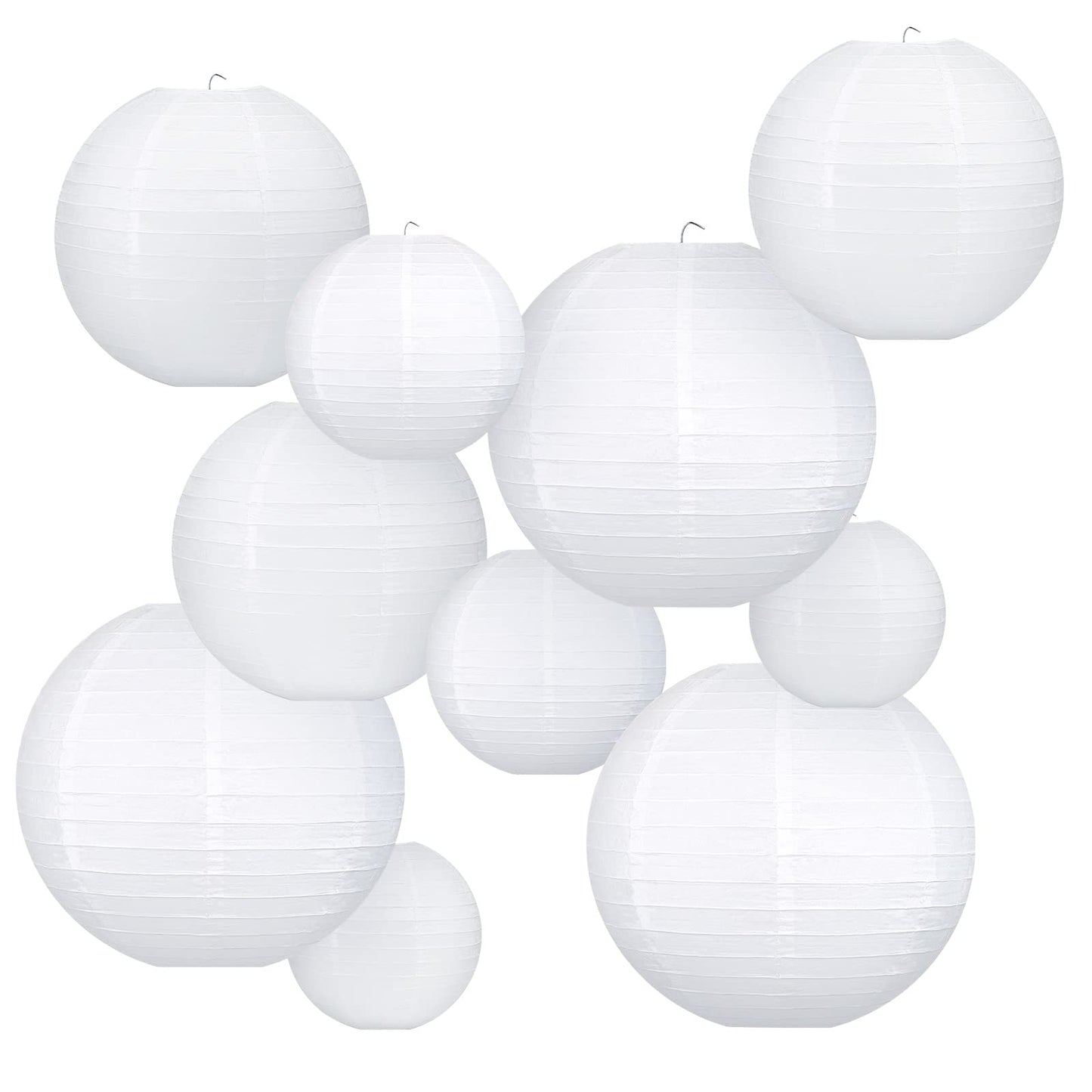White Hanging Paper Lanterns, Round Chinese Paper Lanterns, Party Wedding Anniversary Decorations, 4 Size - 10 Pieces