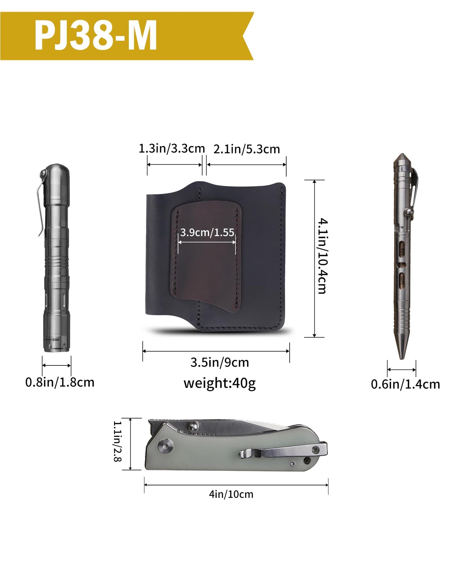 VIPERAED PJ38 Leather Multitool Sheath for Men, 4-in-1 Utility Leather Holster, EDC Pocket Organizer for Pocket Knife Multitool Flashlight and Pen
