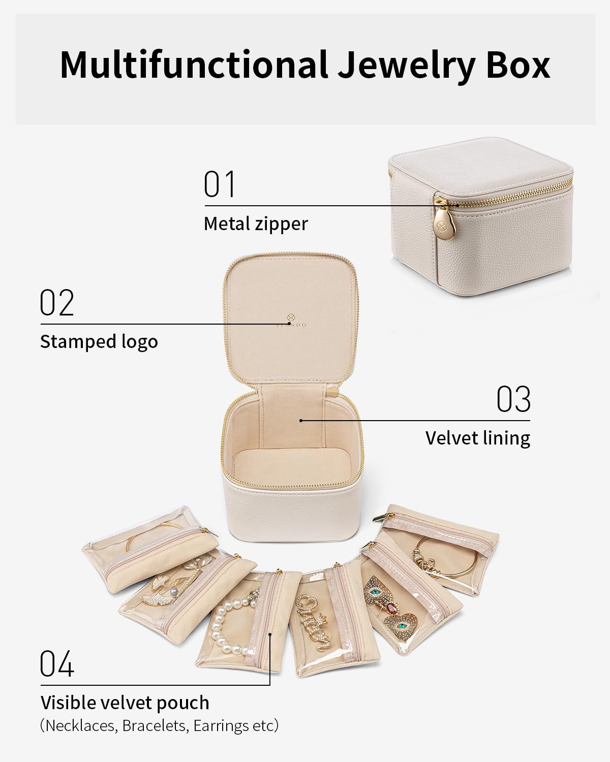 VLANDO Travel Jewelry Organizer Case with 6 Clear Velvet Zipper Pouches, Faux Leather Jewelry Storage Box for Rings, Earrings, Necklaces and Bracelets, Gift for Women