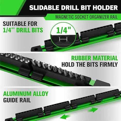 4-Piece Magnetic Socket Organizer Kit, 1/4'' 3/8'' 1/2'' Heavy Duty Socket Holder Holds 40 Clips, Aluminum Sockets Rail for Tool Box Drawer with 1/4'' Slidable Drill Bit Organizer Holds 40 Bits