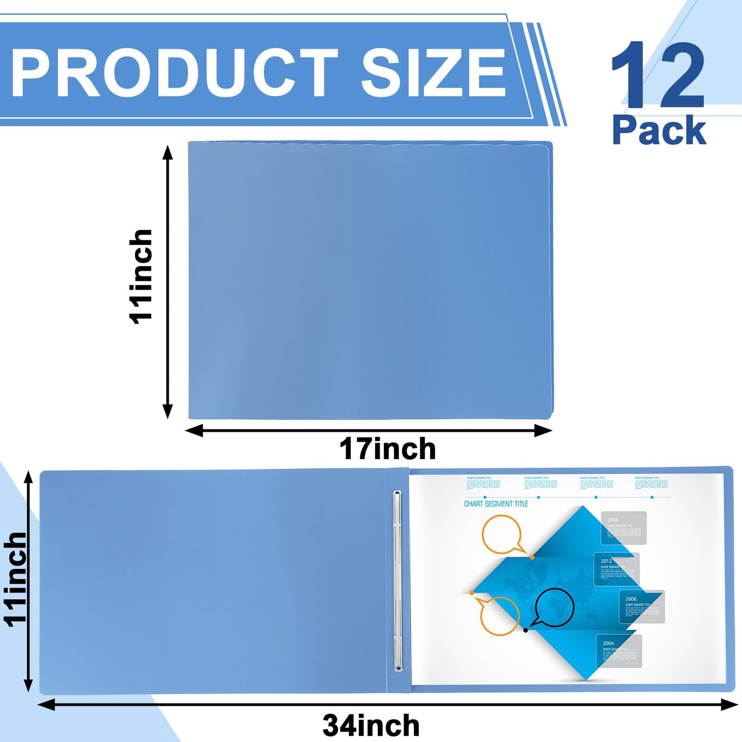 gisgfim 12 Pcs 11'' x 17'' Pressboard Report Cover 3" Capacity Metal Prong Paper Fastener with Compressor Presentation Binder Folder to Neatly Bind Reports Proposals Transcripts Document (Light Blue)