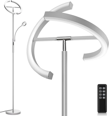 2-in-1 Dimmable Floor Lamp with Reading Light - Rotatable Standing Lamp with Remote&Touch Control, Stepless Color Brightness Adustable, Modern Lamp for Living Room Bedroom Office, Silver