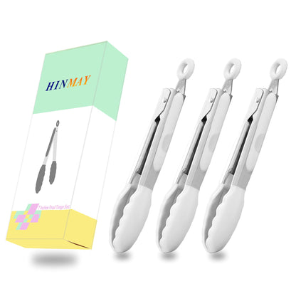 Small Silicone Tongs 7-Inch Mini Serving Tongs, Set of 3 (Black Gray White)