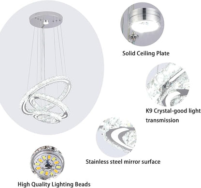 FRIXCHUR LED Chandeliers Crystal Chandelier Modern Ceiling Light Fixture 3 Ring Adjustable Pendant Light Chandelier for Bedrooms Living Room Dinning Room (Cool White)