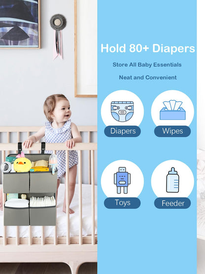 KIKJOK Hanging Diaper Organizer for Crib/Playpen/Bassinet – Hold 80+ Diapers - 4 Deep Pockets-H19in x L15 in Changing Table Diaper Holder - Hanging Diaper Stacker Nursery Caddy Organizer - Grey