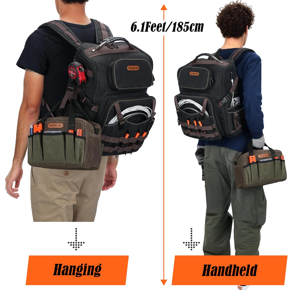 WELKINLAND 60-Pocket Electrician Backpack & Tool Bag Set, Heavy-Duty HVAC Backpack, Waterproof Wax Canvas Tool Back pack, Full-Open Mechanic Tool Back pack, Technician Backpacks