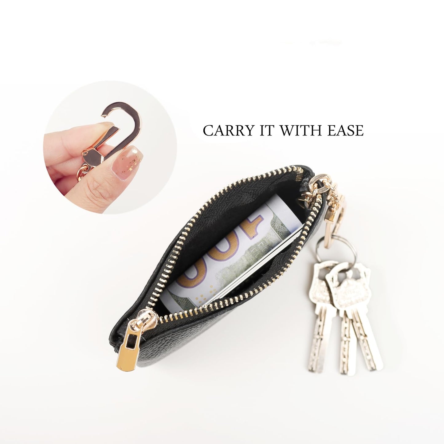 LARENNT Full Grain Leather Coin Purse With Key Chain - Small Change Purse Card Holder Keychain Pouch Wallet for Women and Men (Black)
