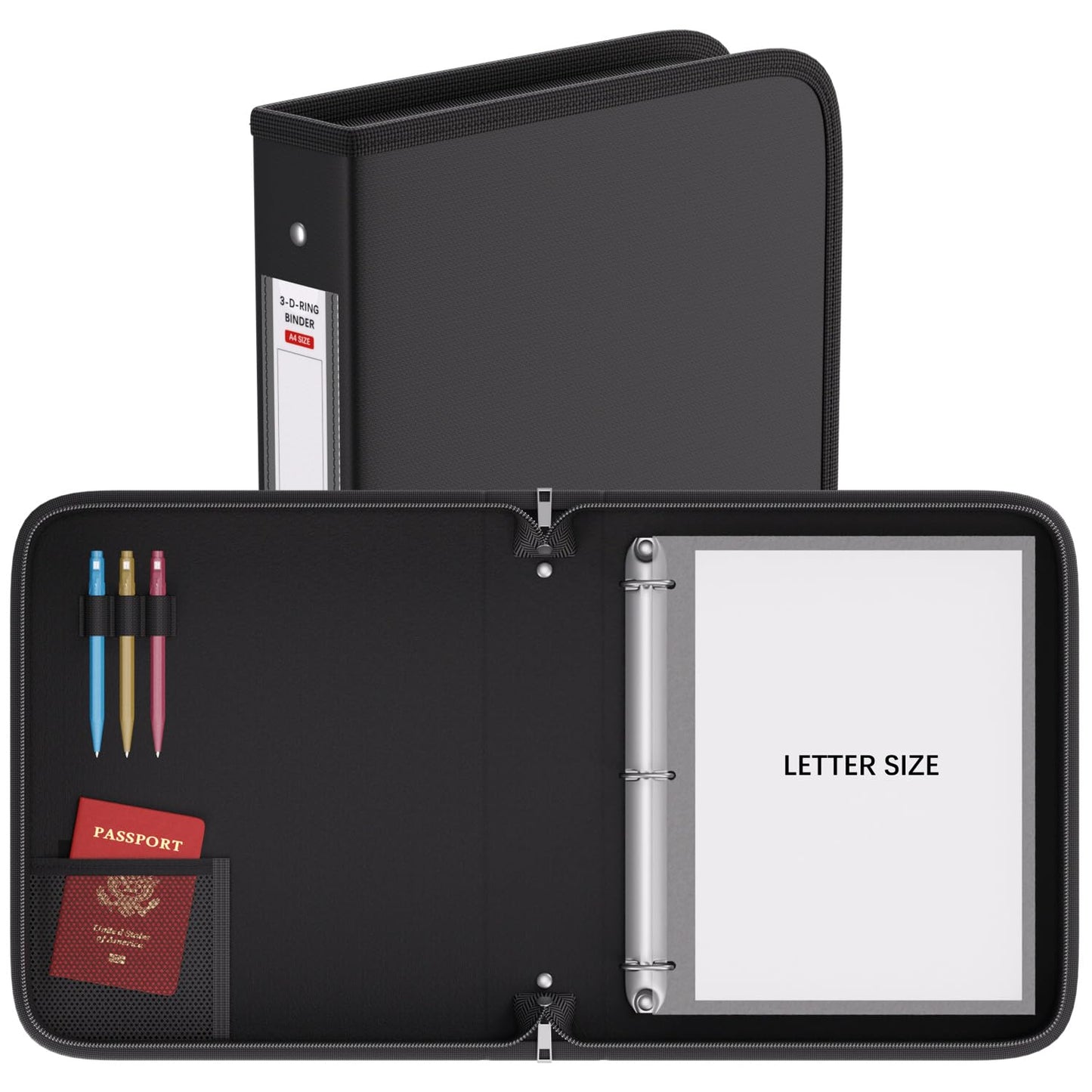 ZOOPIP Fireproof 3 Ring Binder with Zipper, 1.5 Inch D Rings Hold up 375 Sheets of 8.5" x 11" (A4), Compatible with Clear Page Protectors, Built-in Net and Pen Holder(Black, 1 Pcs)