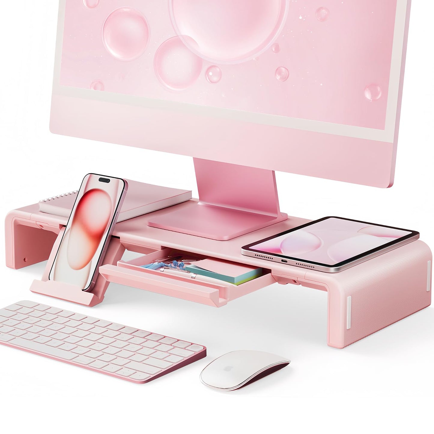 Pink Monitor Stand Riser, Klearlook Foldable, Height Adjustable Computer Stand, Desk Shelf Riser with Storage Drawer &Tablet Phone Stand for Desktop, Laptop