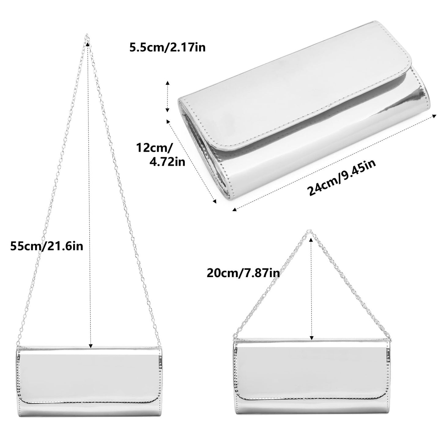 Patent Leather Envelope Clutch for Women Stylish Evening Handbag with Detachable Chain, Perfect for Wedding, Party & Prom (Silver 018)