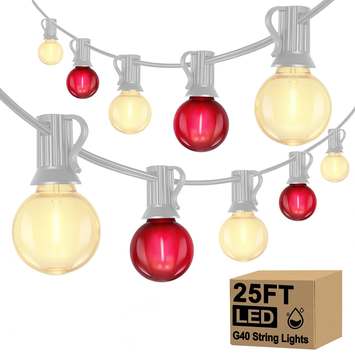 25FT LED Valentine’s Day String Lights, 25 G40 Valentines Decoration Lights Outdoor with Frosted Red White Bulbs, Hanging Patio Lights Shatterproof for 4th of July Independence Day Patriotic Party