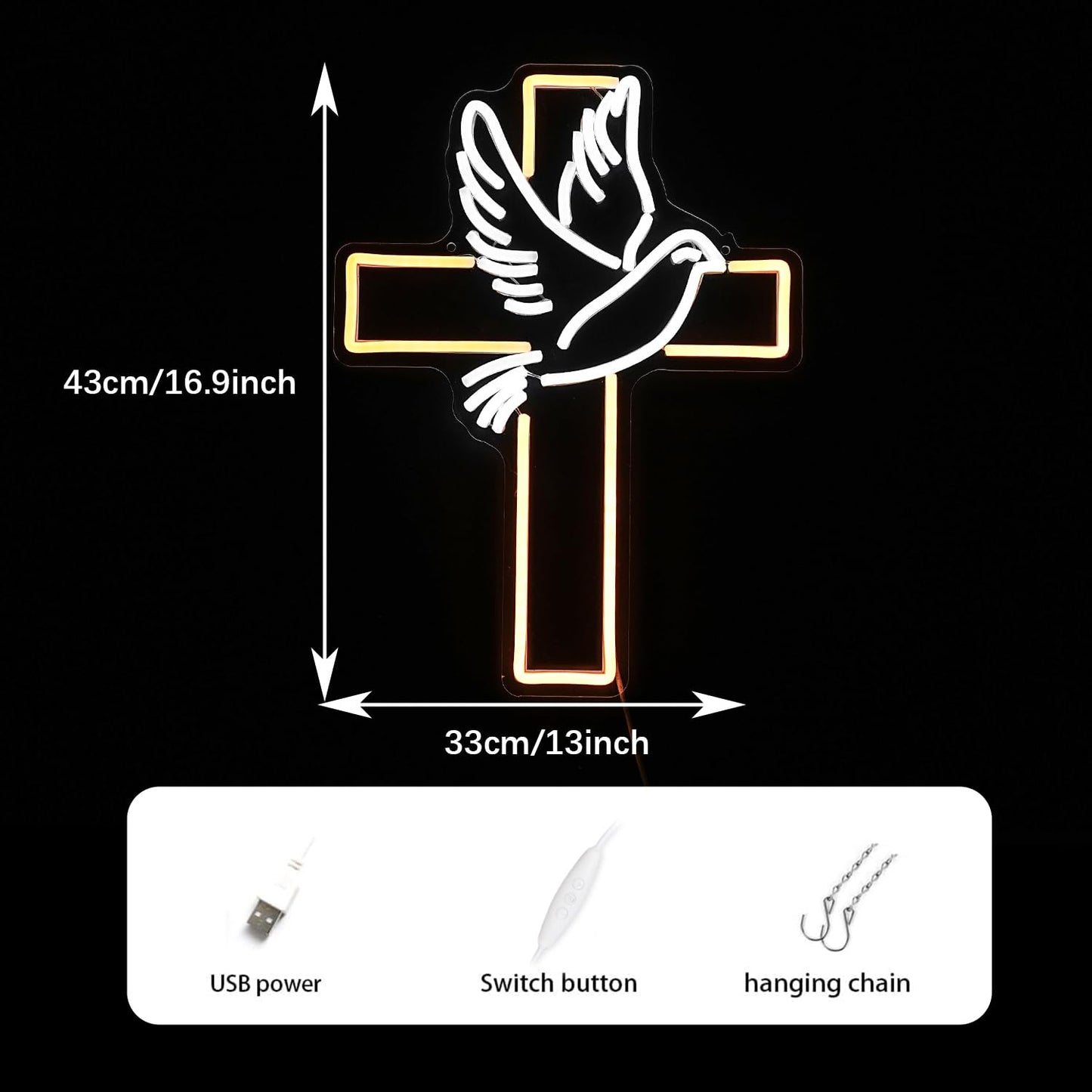 Cross Neon Sign Dimmable Led Easter Cross Neon Light For Wall Decoration White Dove of Peace Neon Light Signs USB Powered Light Up Sign For Festival Party Wedding Home Decor