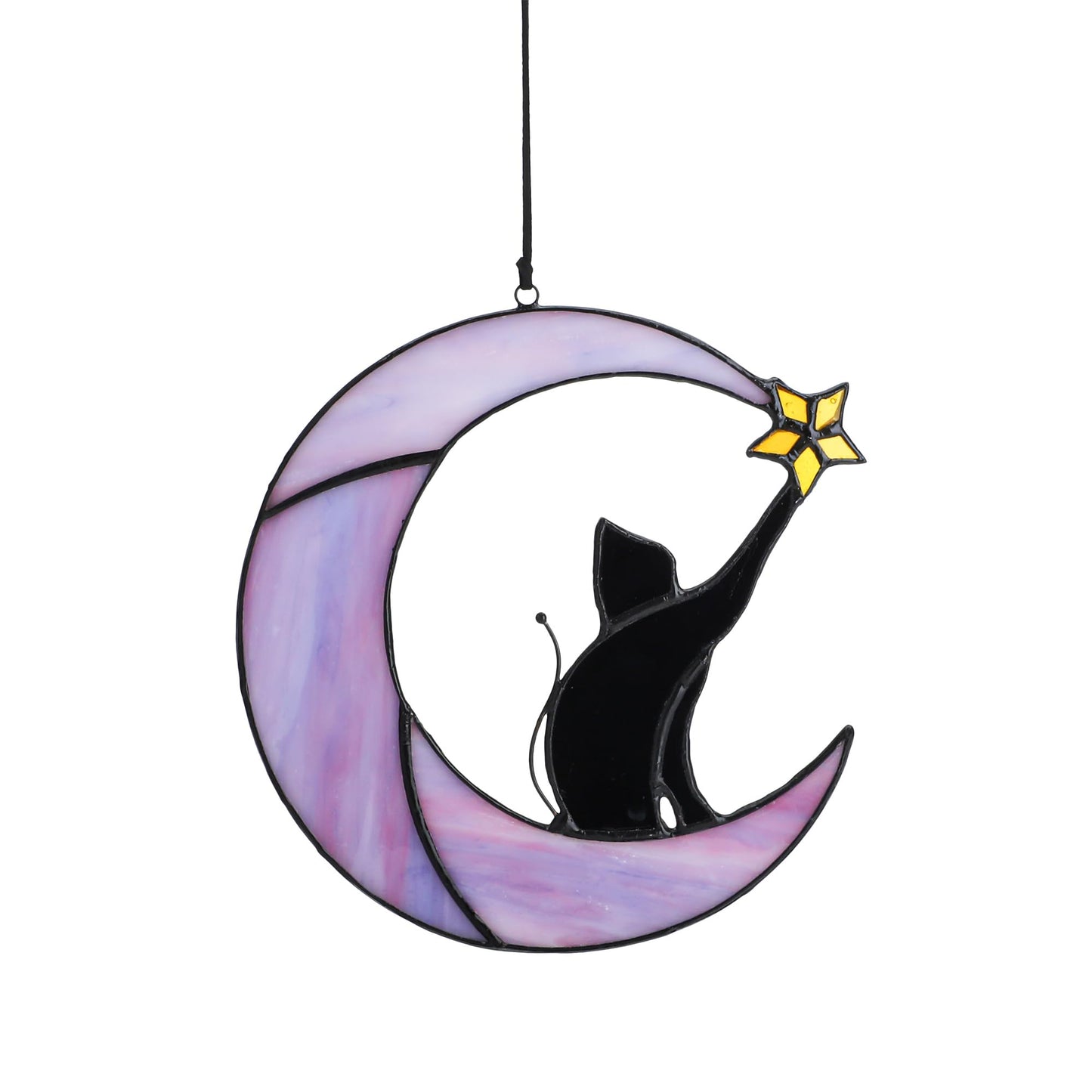 HDCRYSTALGIFTS 6.5'' Black Cat Decor on Purple Moon Stained Glass Window Hanging Suncatcher,Wall Art Glass Window Panel Sun Catcher,Halloween Decoration Memorial Gift for Lover Cat Loss