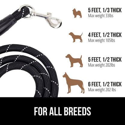 GORILLA GRIP Dog Leash, Heavy Duty Reflective Rope Leashes for 33lb Dogs, Cats, Small Animals, Puppy Training Essential for Walks, Hikes, Soft Handle, Rotating Metal Clip, Waste Bag Dispenser, Black