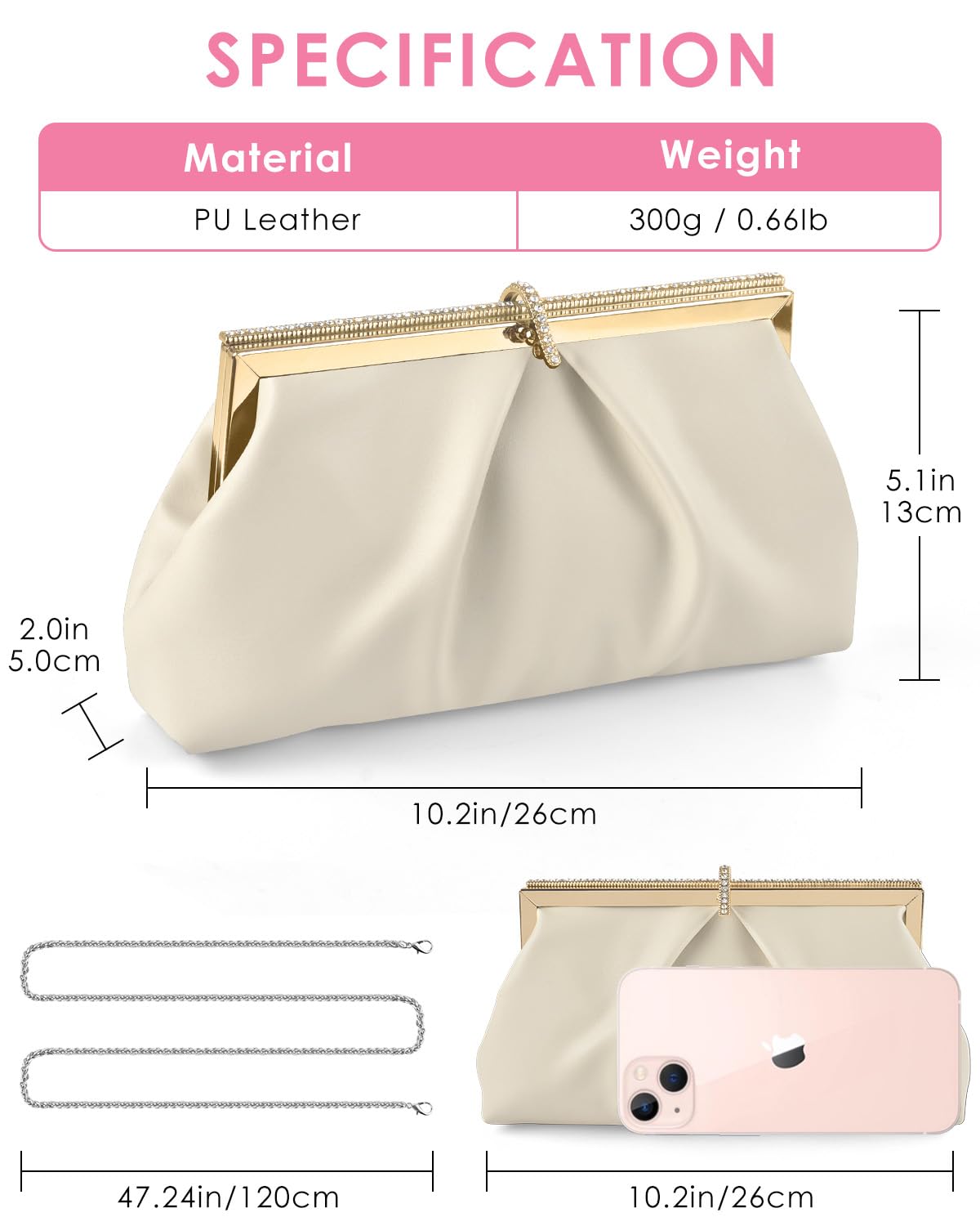 TINDTOP Clutch Purses for Women, PU Leather Formal Evening Bags Shoulder Party Handbags Wedding Cocktail Prom Clutches (A-Nude)
