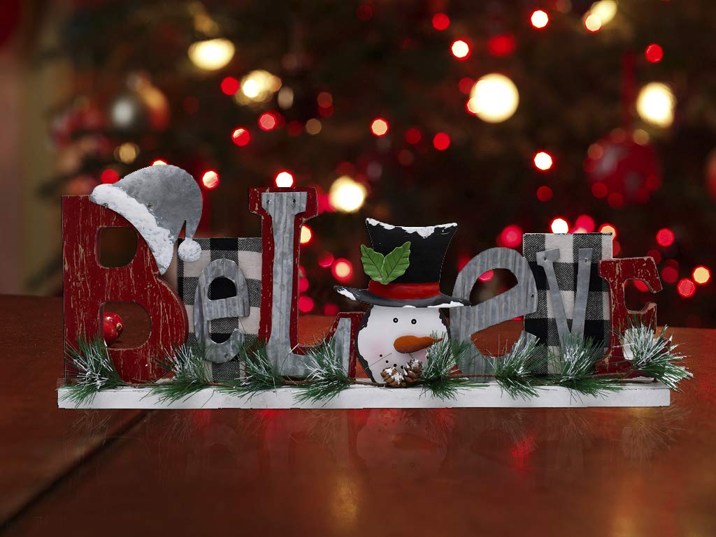 Morning View Wooden Believe Sign - Rustic Christmas Decor, Wood Letters Seasonal Word Cutout Block, Table Decorations, Snowman Table Sign, Holiday Xmas Home Decor