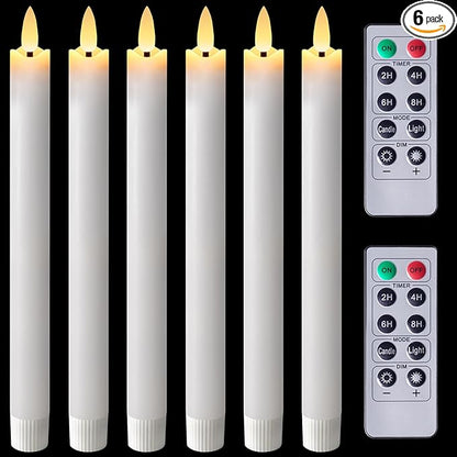Homemory Waxy Flameless Taper Candles with Remote Timer Dimmer, Battery Operated Candlesticks Flickering, LED Window Candles Realistic, 9.6 Inches for Christmas Wedding Indoor Decor, White, 6 Pcs