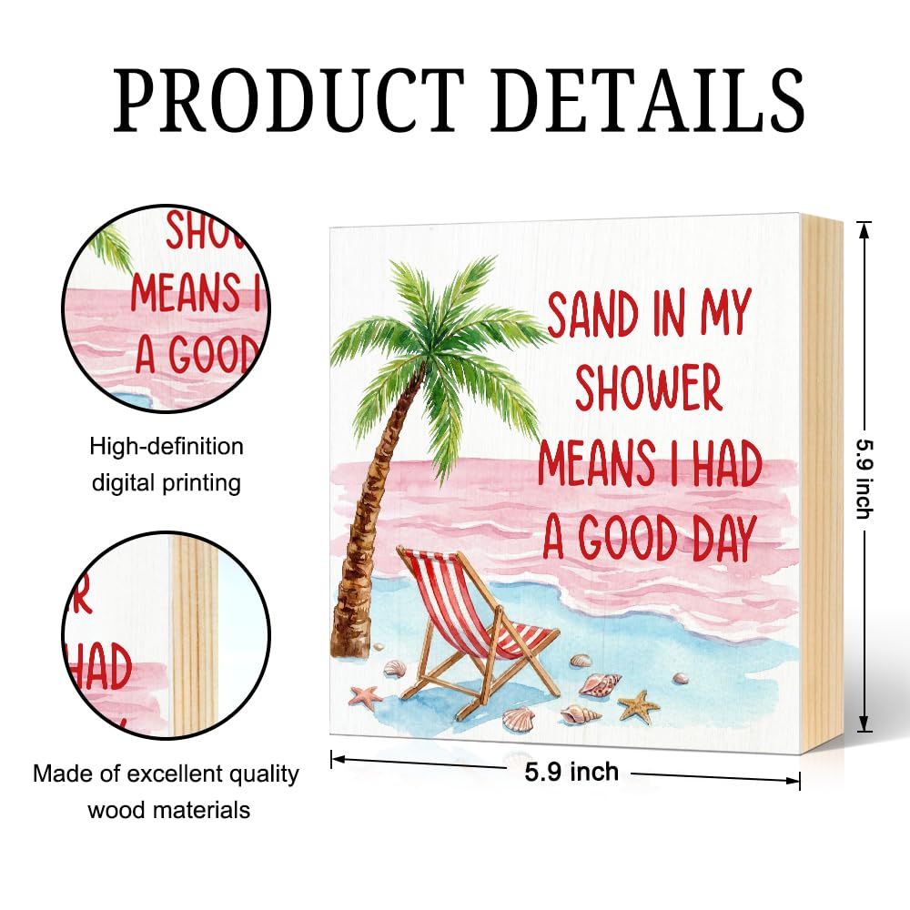 JQYCJTR Sand in My Shower Means I Had a Great Day Wood Block Plaque Box Sign for Home Living Room Coffee House Bar Shelf Table Decoration, Coastal Easter Beach Sign, Coastal Bathroom Home Decor