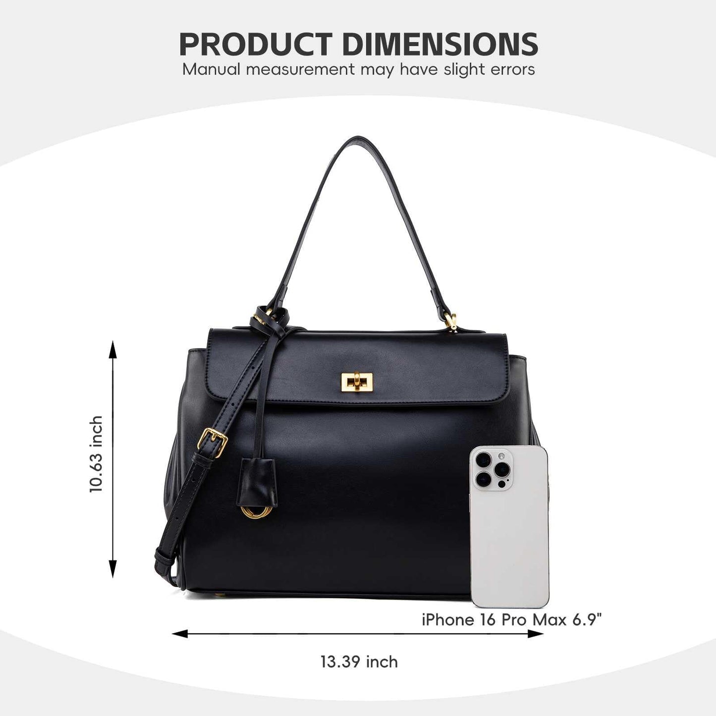NGGU Black Leather Tote Bag for Women,Soft Leather Shoulder Handbags for Ladies,Satchel Purse for Travel Work & Medium & Black Leather & Gold Clasp
