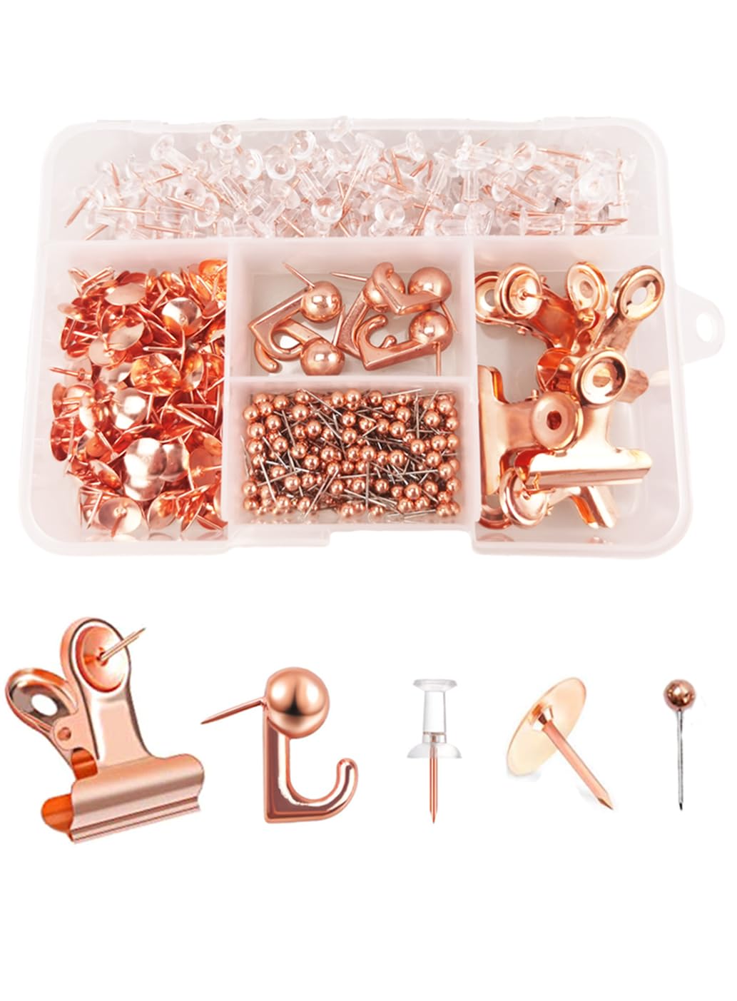 460 Pcs Push Pins Set, 5 Style Rose Gold Push Pin Hooks Push Pin Clips Thumb Tacks Set for Cork Board Office Stocking Stuffers (Rose Gold)
