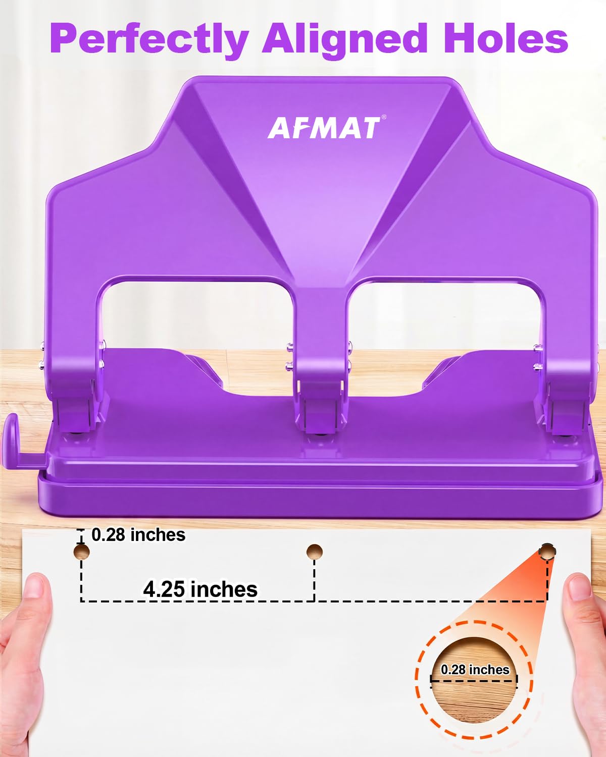 AFMAT 3 Hole Punch Heavy Duty, 40-Sheet Three Hole Punch, 50% Reduced Effort, 3 Hole Puncher for Binder w/Large Chip Tray, 9/32" Holes Diameter, Metal Paper Puncher for Home/Office/School,HP14(Purple)