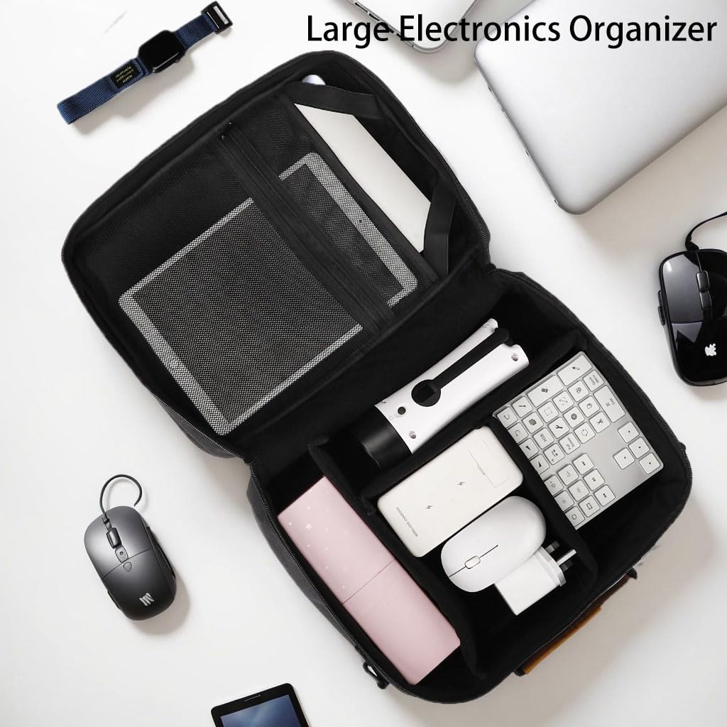 Extra Large Electronics Organizer Travel Case, Cable Organizer Bag with Shoulder Strap, Electronics Accessories Storage Double Layer Bags for Cord, Tablet, Headphone, Charger, Tools, DJ Gifts-Black