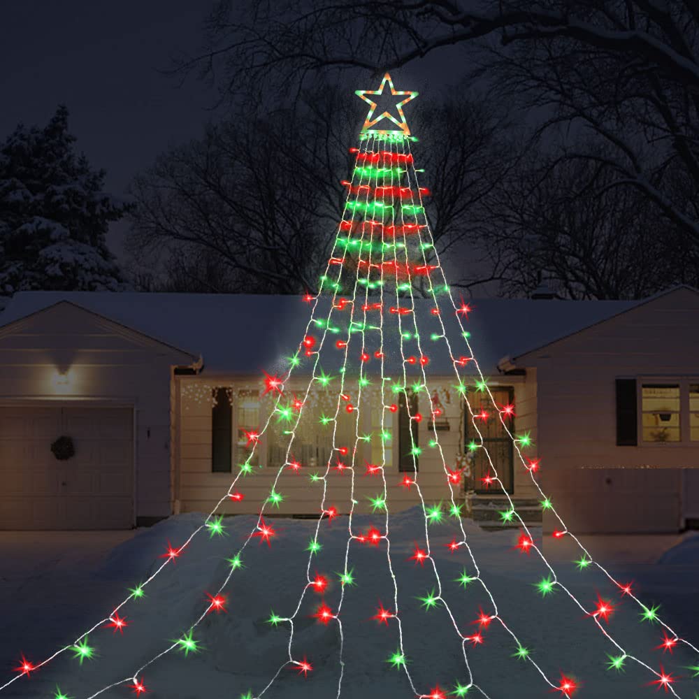 MINIAO Christmas Decorations Star String Lights, 320 LED Waterfall Tree Lights with 13" Topper Star 8 Lighting Modes Indoor Outdoor Decorative for New Year, Holiday, Wedding, Party