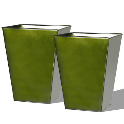 Worth Garden Large Metal Glazed Floor Planter Set of 2-14" Dia x 18" H - Luxurious Glossy Finish Green Tall Square Tapered Steel Plant Pots, Decor Flower Pot Indoor & Outdoor, Drainage Hole
