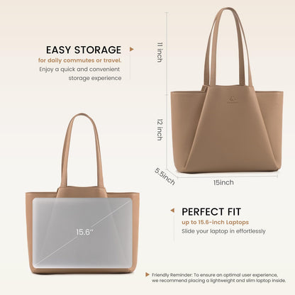 LOVEVOOK Laptop Tote for Women - 15.6 Inch Faux Leather Laptop Bag with Clutch, Large Capacity Office Purse Computer Briefcase for Casual Business Travel,Apricot