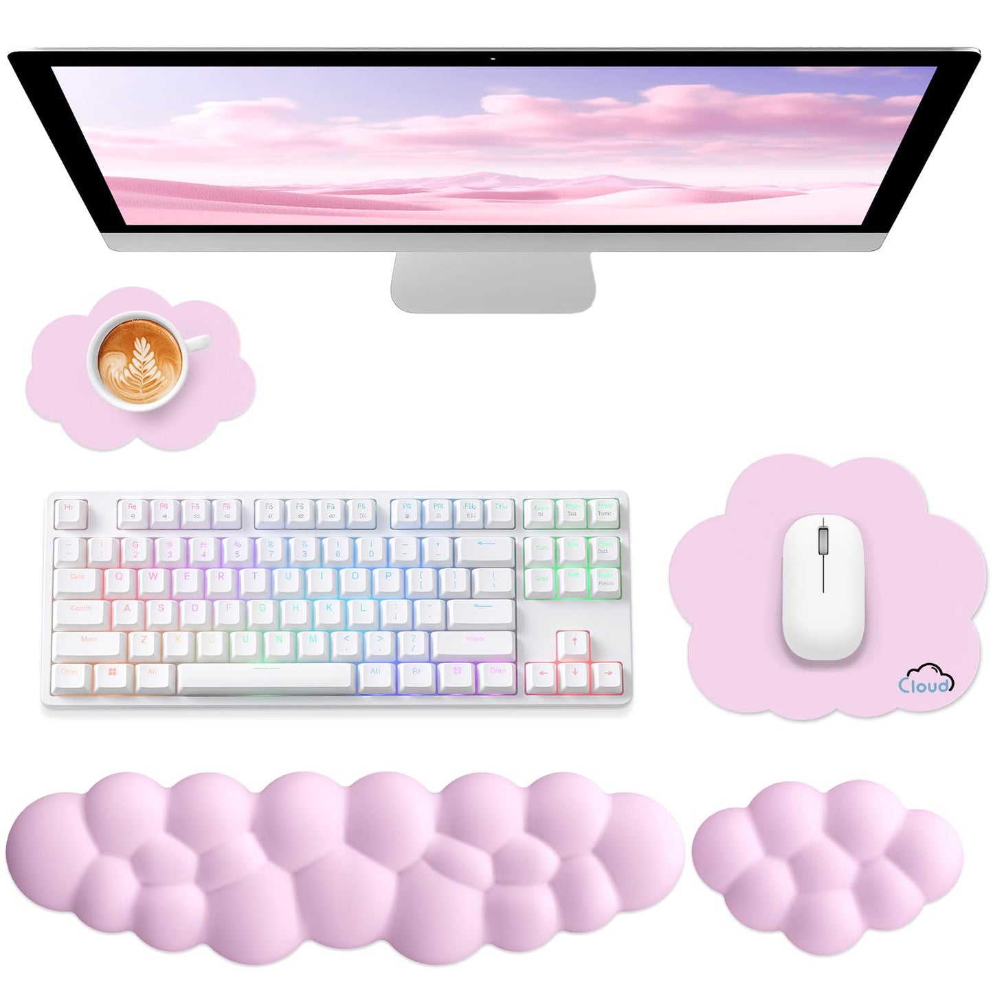 Sushret Cloud Wrist Rest for Computer Keyboard, 4-in-1 Memory Foam Leather Cloud Keyboard Wrist Rest and Mouse Pad Set with Ergonomic Support for Arm and Palm Cushion, Gaming/Work Setup, Pink