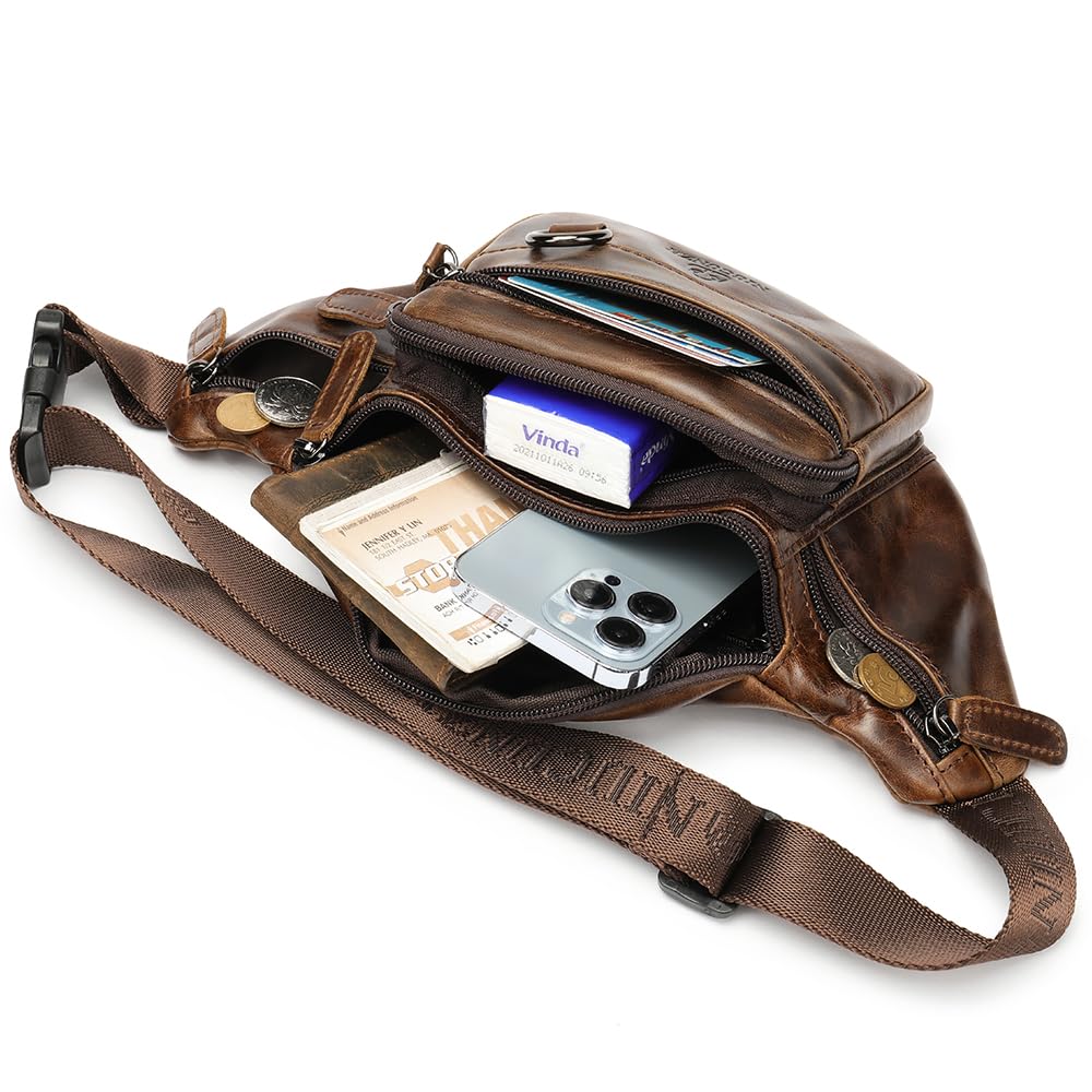 Genuine Leather Fanny Pack HandMade Durable cowhide Waist Bag Lots of Anti-theft zipper pocket Waxed Brown