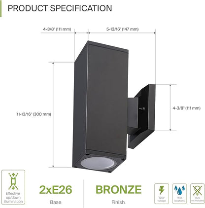 ASD 2 Light Square Outdoor Wall Light Fixture | 120W E26 Socket 120V ETL Cylinder Up Down Lights | LED/CFL/Incandescent Bulb Exterior Wall Sconce | Front Door, Porch, Patio | Bronze