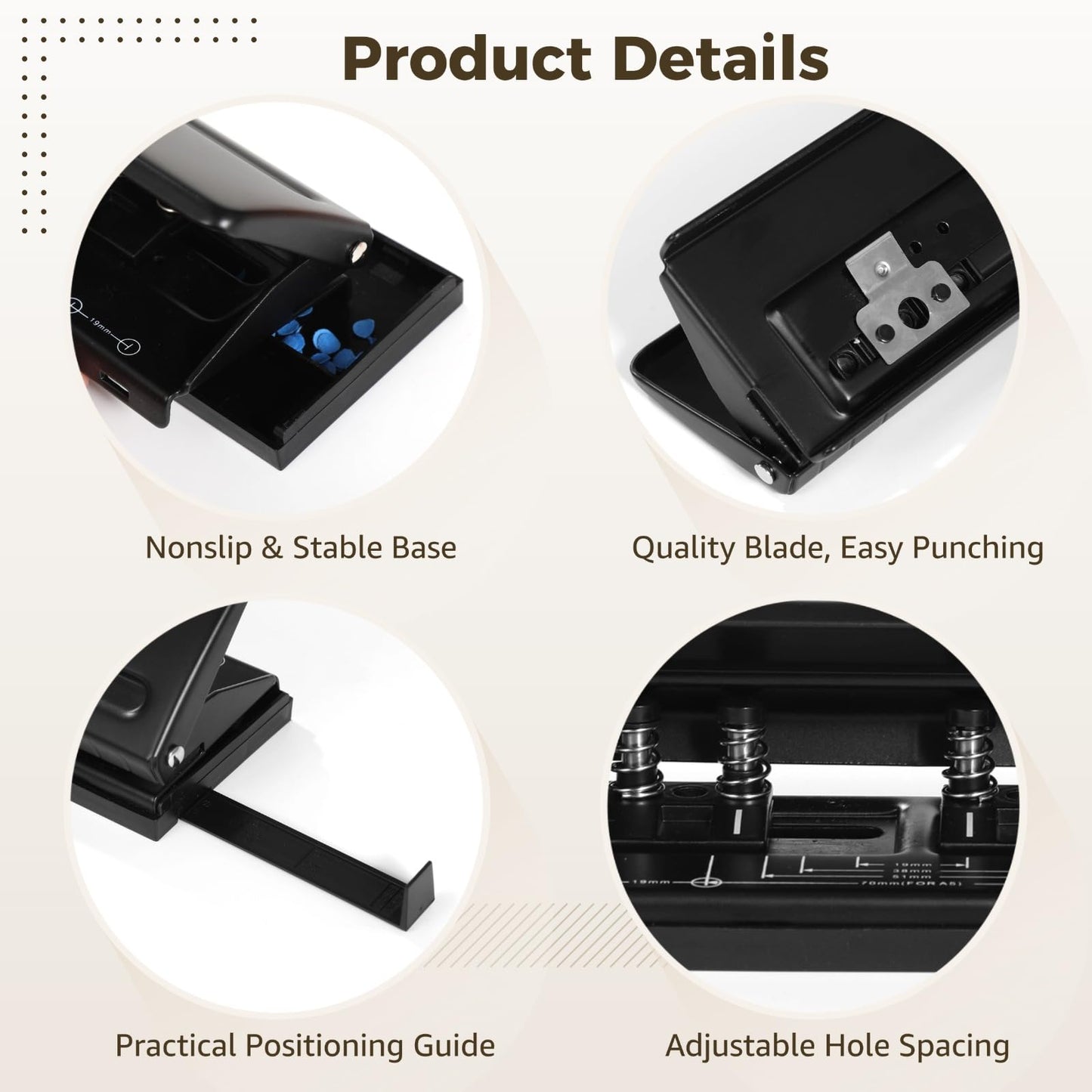 6-Hole Paper Puncher Black, Accommodates A4, A5, A6, A7, A8, B5, M5 Refills, with Adjustable Hole Spacing and Positioning Scale, Punches 6-7 Sheets for Planner, Loose Leaf, and Scrapbooking