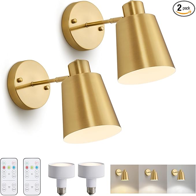 2 Pack Gold Wireless Battery Operated Wall Sconces, Dimmable Battery Powered Wall Decor Set of 2, Cordless Indoor Wall Light Lamp with Remote Control for Bedroom Living Room