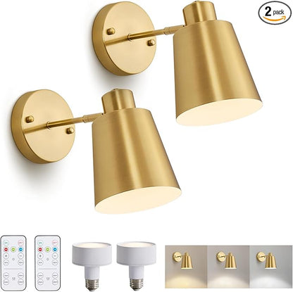 2 Pack Gold Wireless Battery Operated Wall Sconces, Dimmable Battery Powered Wall Decor Set of 2, Cordless Indoor Wall Light Lamp with Remote Control for Bedroom Living Room