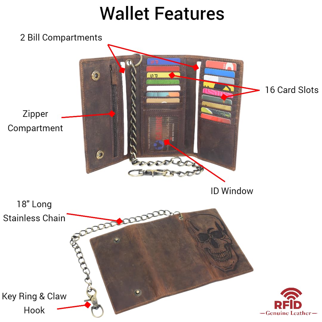CAZORO Biker Skull Chain Wallet RFID Signal Blocking Men's Vintage Leather Long Tri-fold Chain Checkbook Card ID Wallet (Skull Brown)