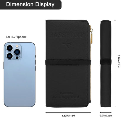 DOB SECHS Passport Holder for Travel Women Leather Passport Wallet RFID Blocking Passport Cover Case with Card Slots, Slim Travel Document Organizer Pouch Bag Zipper Cash Pocket Purse+ID Window, Black