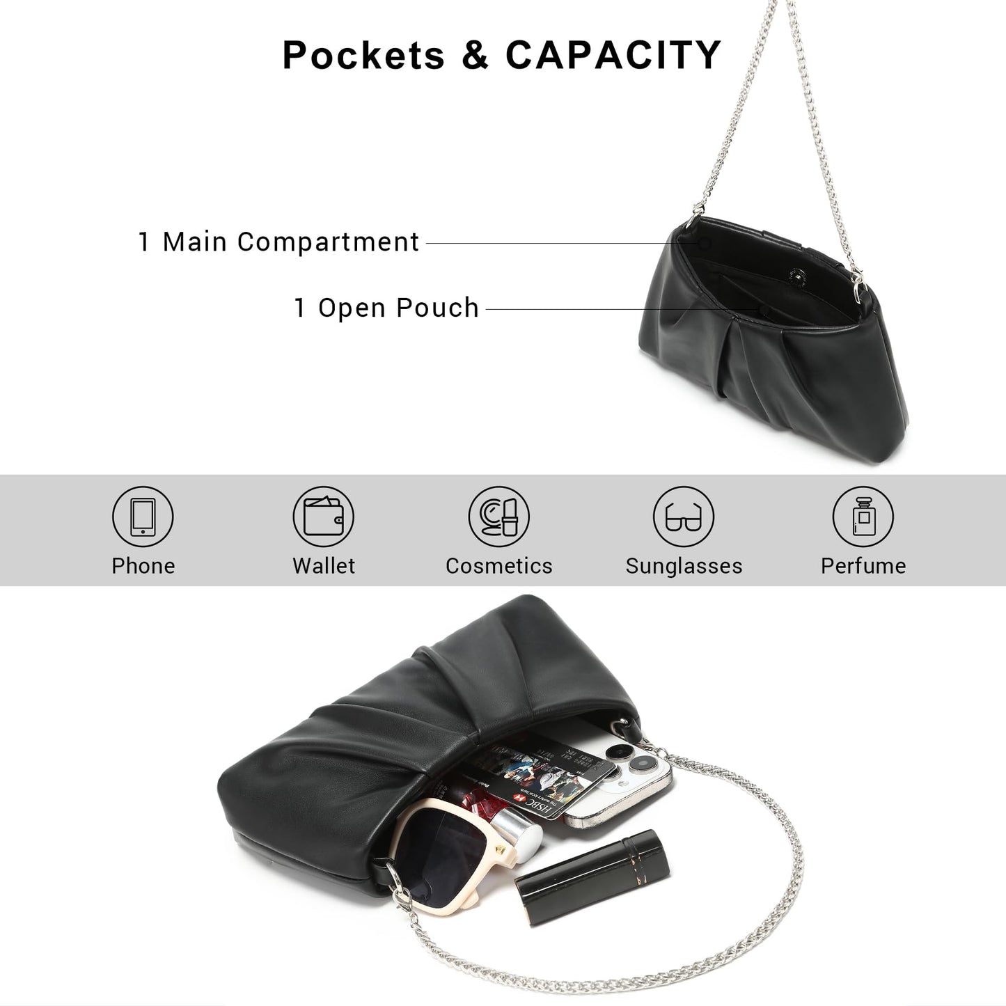Dasein Elegant Pleated Evening Bag Soft Vegan Leather Clutch Purse Dressy Formal Handbag with 2 Chain Straps for Women (Black)