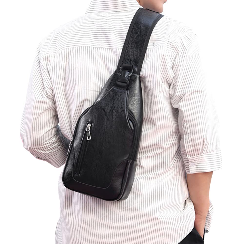 Peicees Leather Sling Bag Mens Crossbody Chest Bag Sling Backpack for Men with USB Charge Port