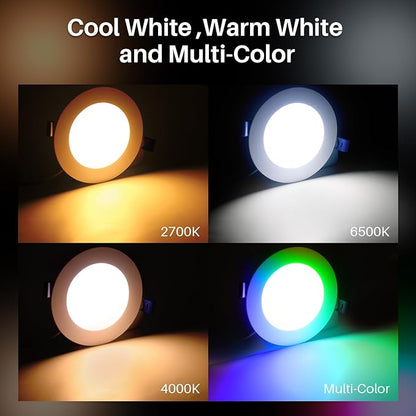 Peteme Recessed Lighting 4 Inch LED Smart Recessed Lights IC Rated ETL Certified, Canless Ceiling Light RGBCW Color Changing Outdoor Soffit Downlight with J-Box Work with Alexa/Google, 10W 800LM 12Pcs