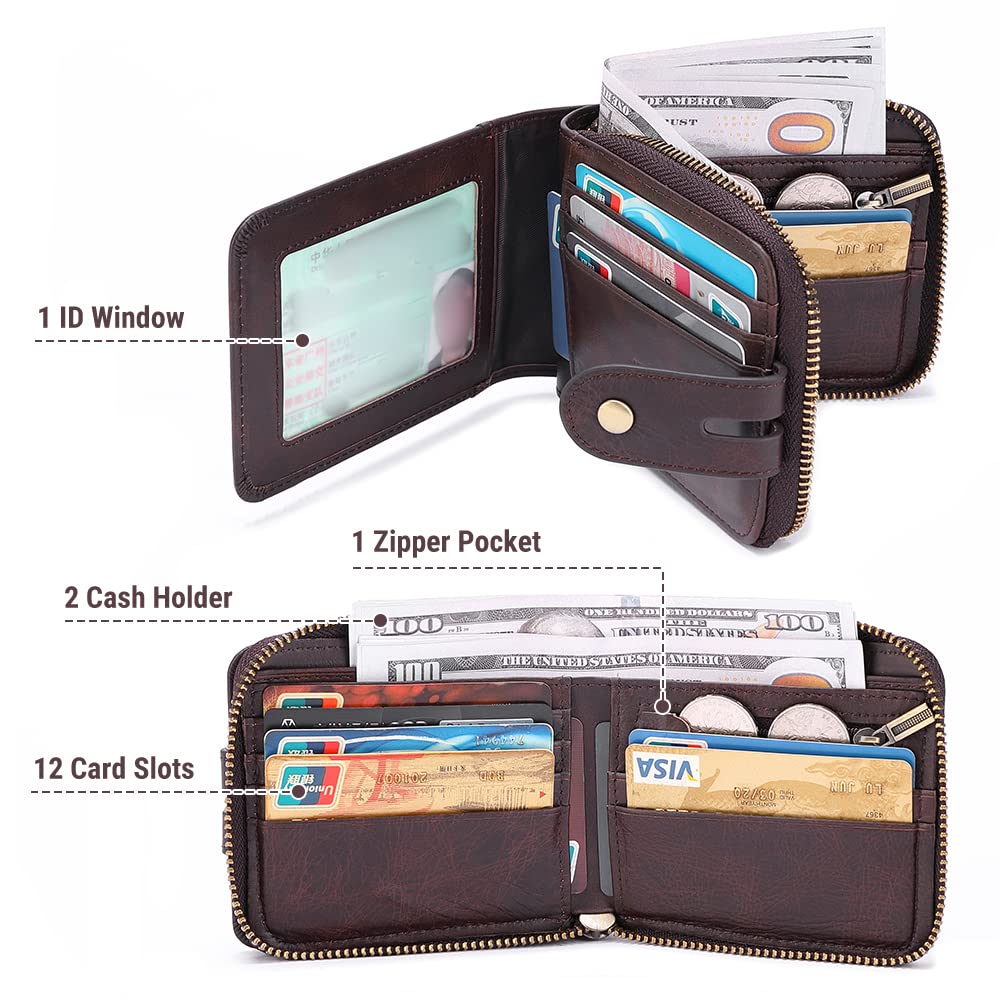 bill heart Men Wallet with Zipper Genuine leather Bifold Purse for Mens ID Window and Coin Pocket…