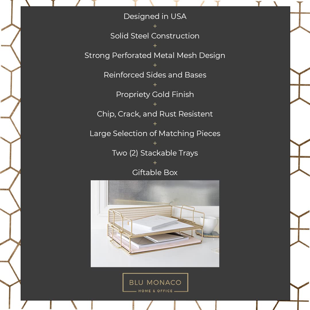 BLU MONACO | Paper Tray Stackable Gold Mesh Set of 2 | Stackable File Trays for Desk Organization | Tiered Desk Organizer with Metal Letter Trays