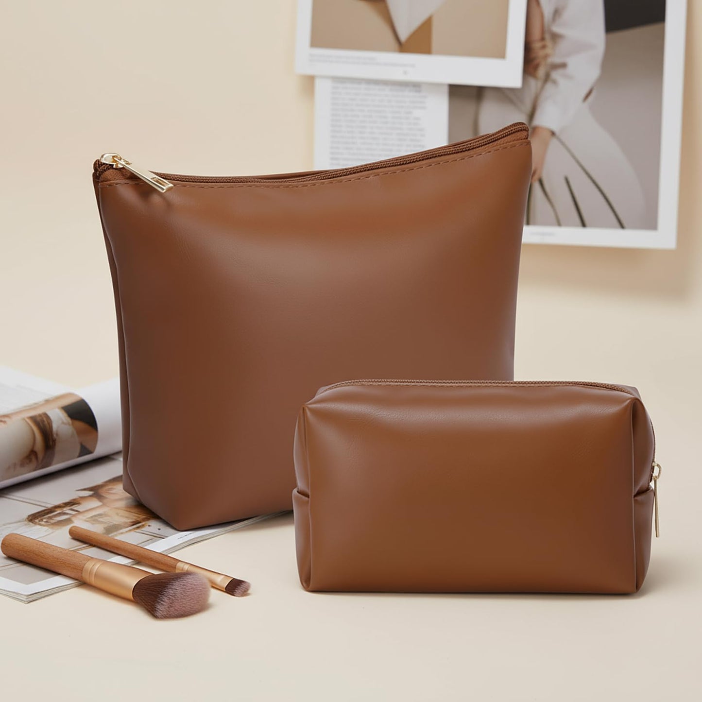 Kigeli 2 Pcs PU Leather Makeup Bag Set for Women Waterproof Aesthetic Cosmetic Bag Large & Small Travel Toiletry Organizer Pouch Skincare Organizer Bridesmaid Mother's Day Birthday Gift(Brown)