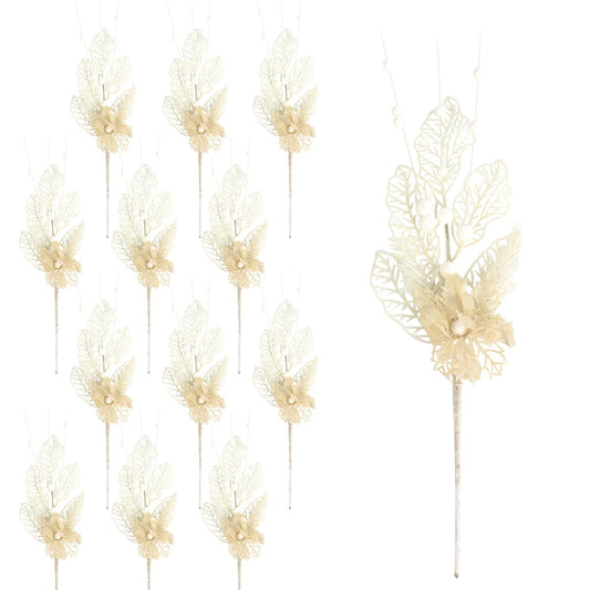 12 Pcs 16.3 Inch Christmas Tree Picks for Christmas Decoration Tree Glitters Christmas Picks Sprays with Flowers Berry Leaves Christmas Glitter Berries Stems for Xmas Tree Ornaments(White)