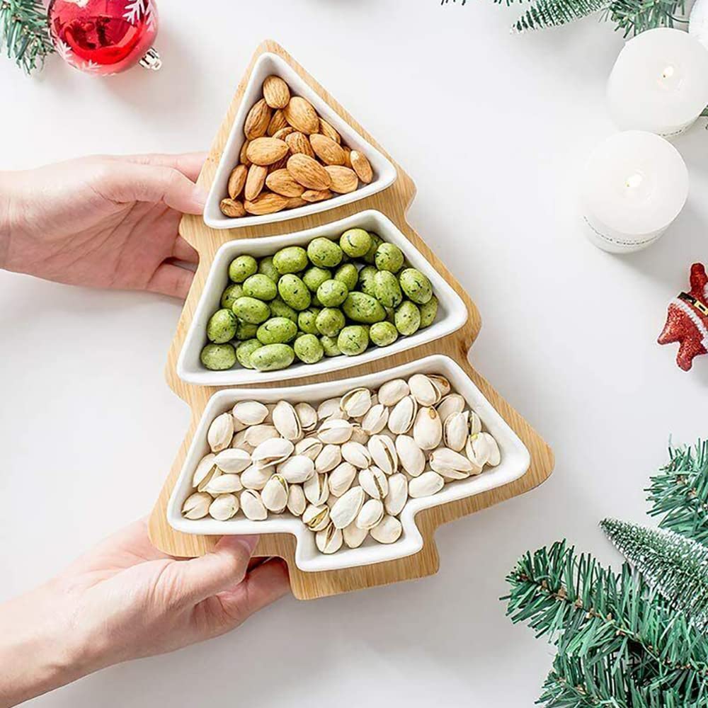 Bamboo Christmas Tree Tray, Ceramic Serving Dishes Set In Christmas Themed Design Serving Bowls for Parties, Perfect for Veggies, Candy and Snacks, White