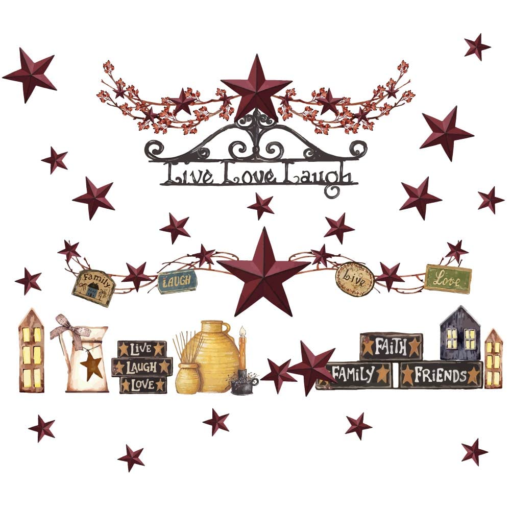 SUPERDANT Country Style Wall Sticker Barn Star Wall Decals Peel and Stick Vinyl Art Decal Home Decor for Kitchen Dining Room Livingroom Fireplace Entrance Hall Farmhouse Decoration Gifts